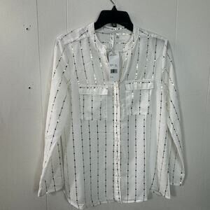 NY Collection Womens Button Front Blouse Size Petite Medium White Gold Sheer New